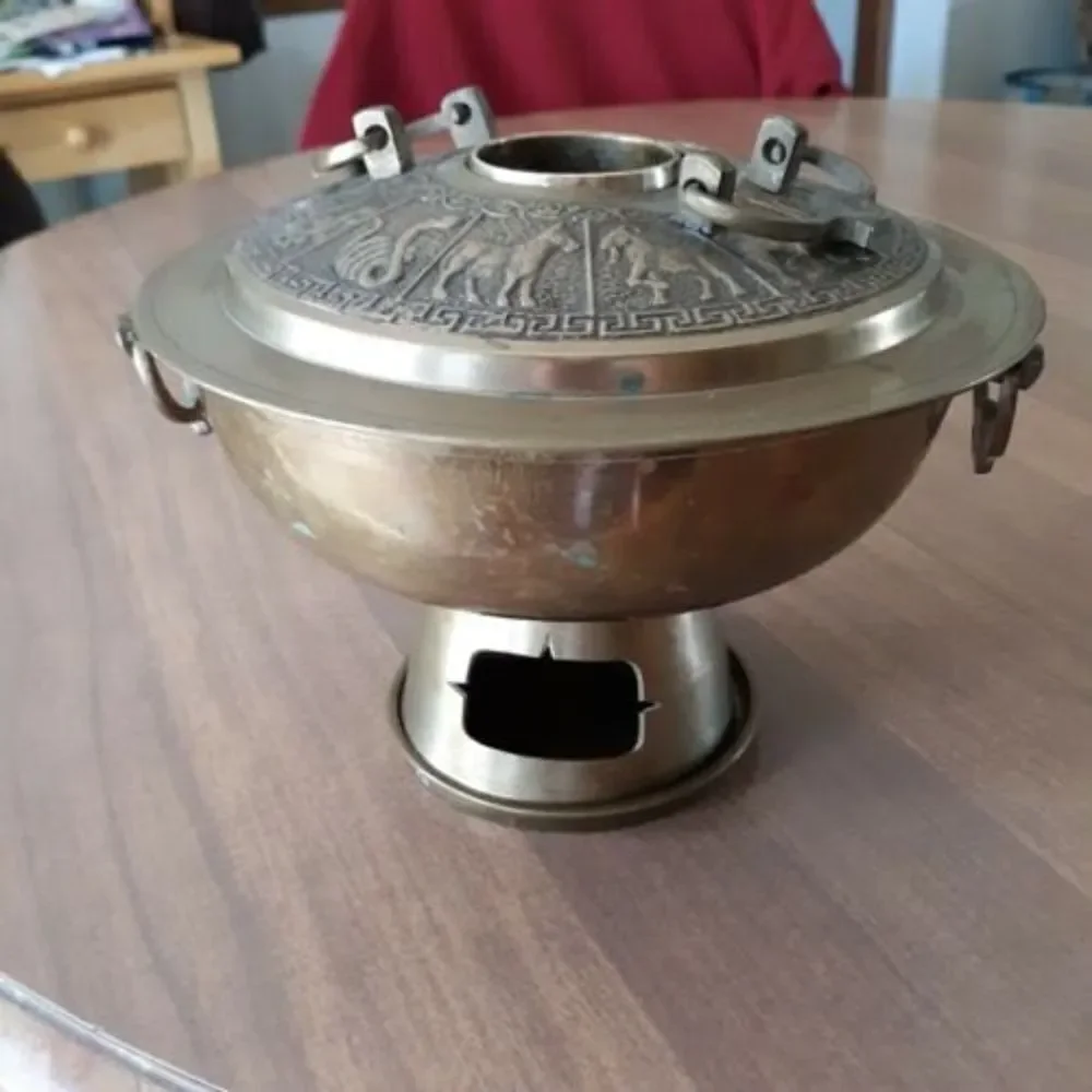 Vintage Chinese Zodiac Brass Hot Pot Fondue Soup Warmer Korea Brazier Korean